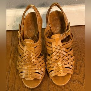 Tory Burch Brown Woven Leather Huarache Slingback Heels Sandals Size 5.5